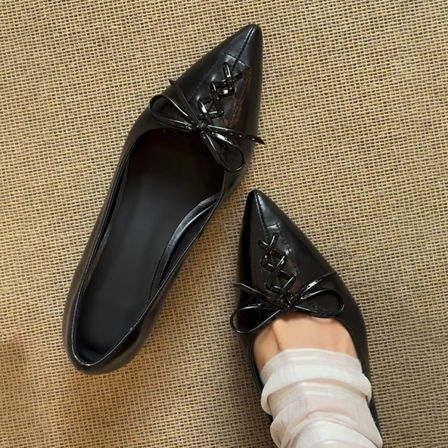 羊皮版~法式优雅风尖头蝴蝶结浅口单鞋女中跟不累脚小高跟通勤鞋