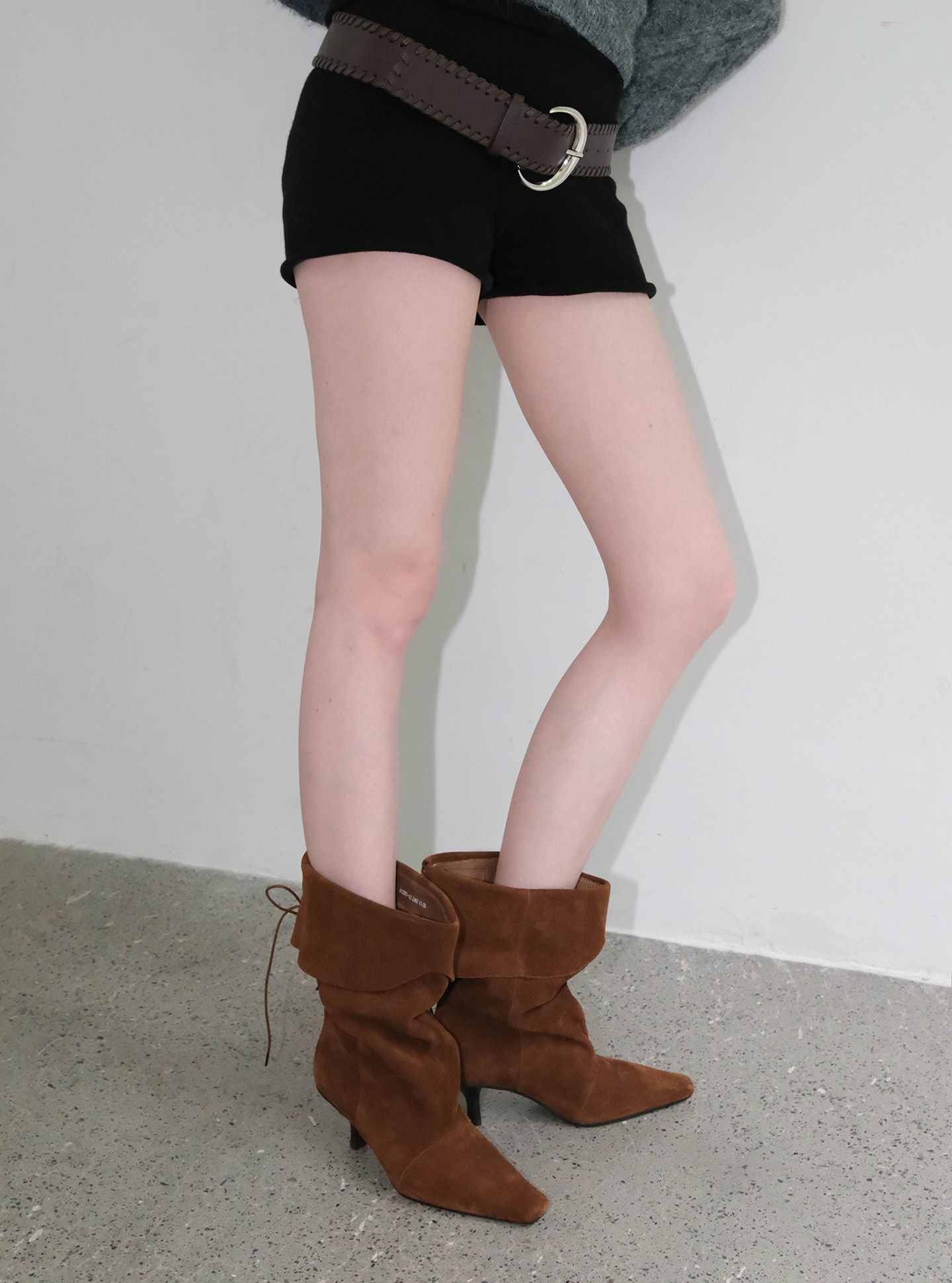 maltelle原创设计棕色尖头短靴女春夏新款牛皮堆堆褶皱细高跟靴子主图