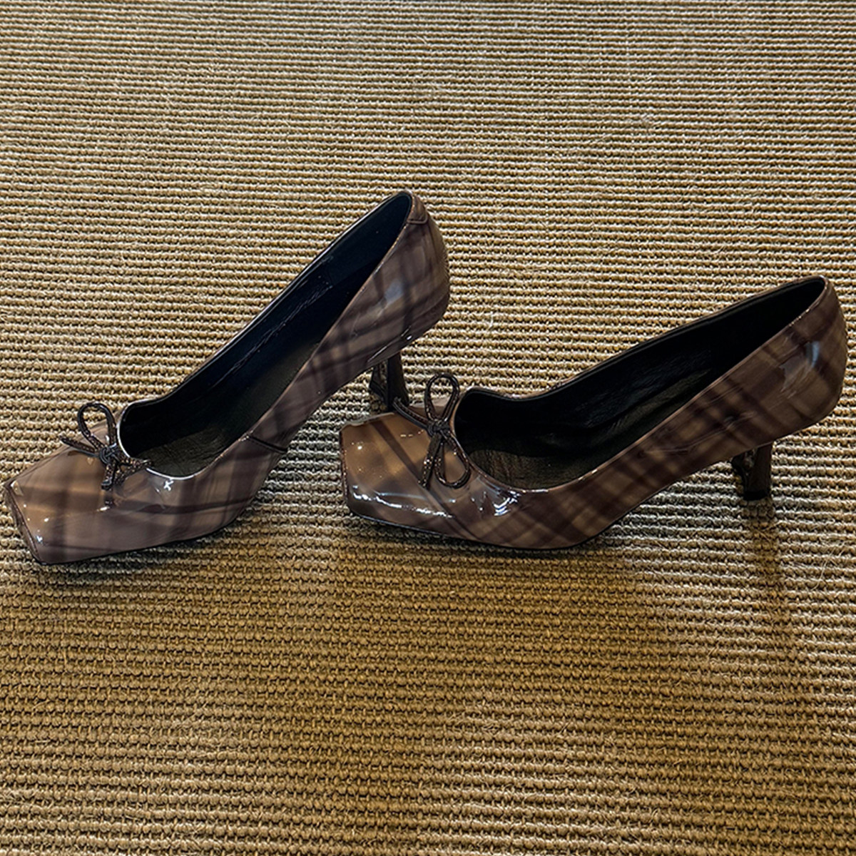 羊皮版~法式复古格纹小众方头单鞋女蝴蝶结气质温柔风气质高跟鞋主图
