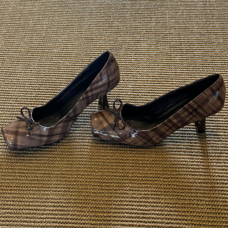 羊皮版~法式复古格纹小众方头单鞋女蝴蝶结气质温柔风气质高跟鞋