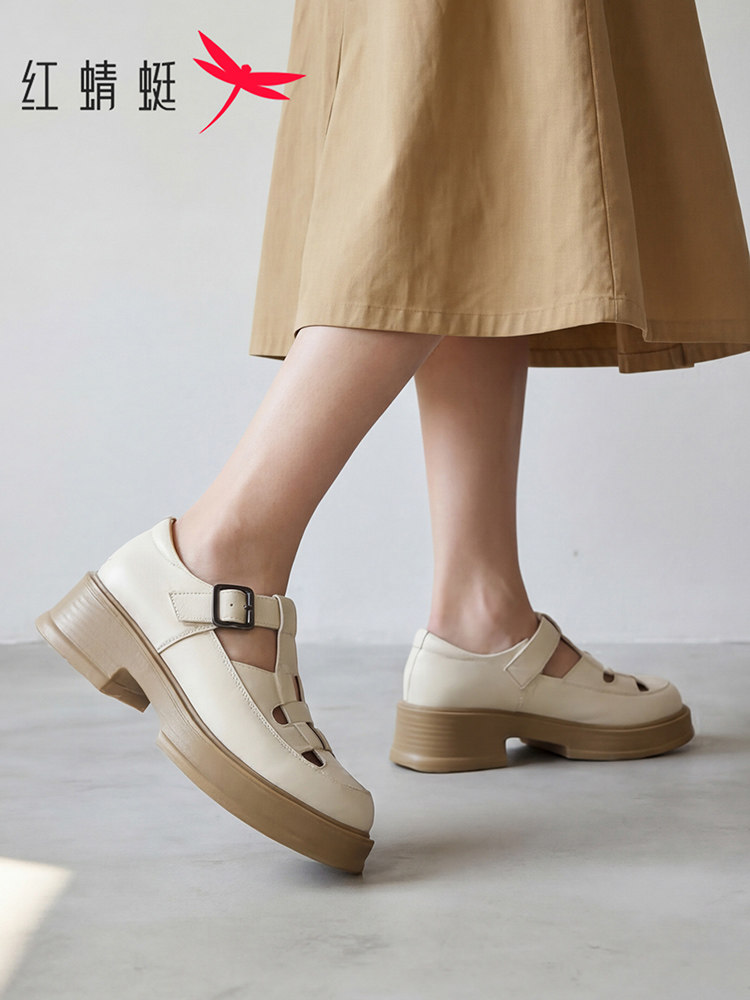 红蜻蜓女鞋2026夏季新款镂空透气厚底粗跟妈妈鞋一字带罗马凉鞋女主图