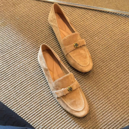 羊皮版~英伦风麂皮乐福鞋女复古山茶花软底一脚蹬百搭软底小皮鞋