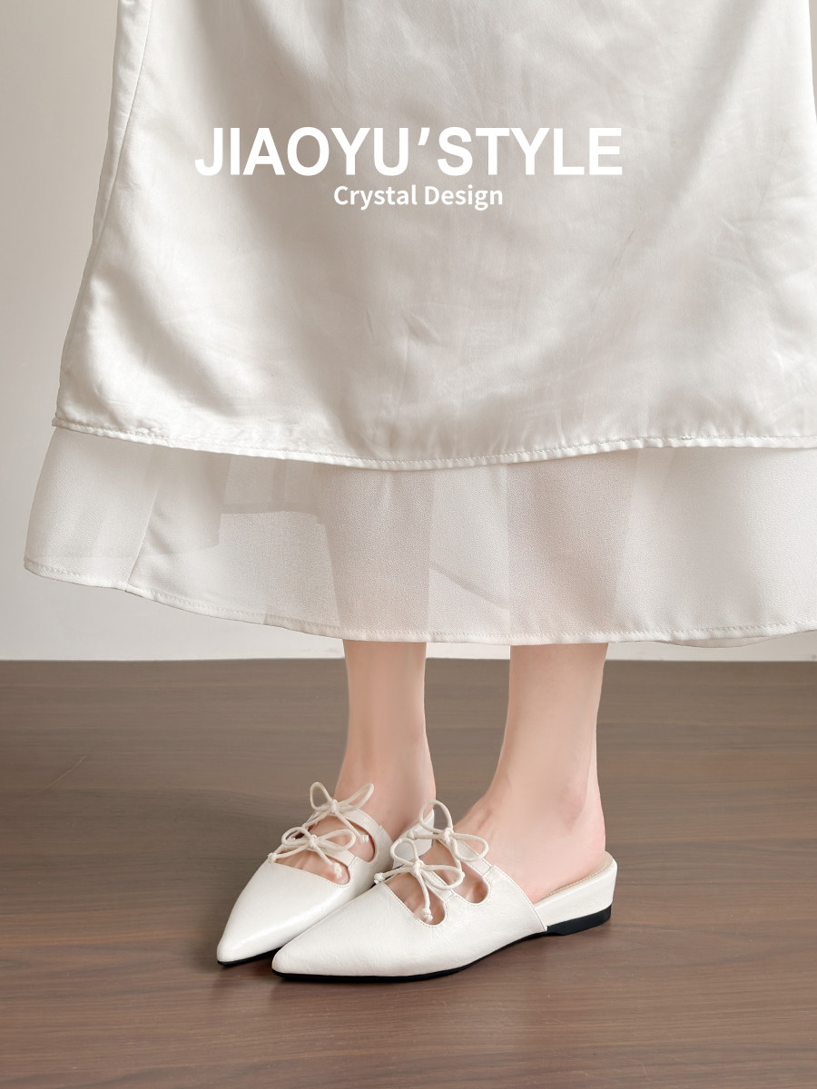 真皮~骄屿蝴蝶结玛丽珍包头半拖鞋女2026夏新款尖头温柔法式凉鞋主图