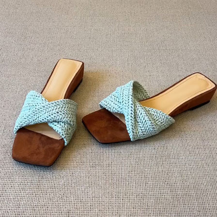 羊皮版~夏季温柔编织坡跟一字拖女方头软底外穿度假风气质凉拖鞋