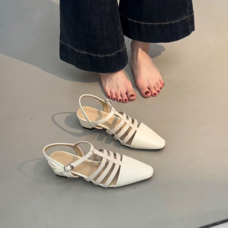 羊皮版~设计感镂空小众度假风配裙子罗马鞋百搭低跟夏季方头凉鞋