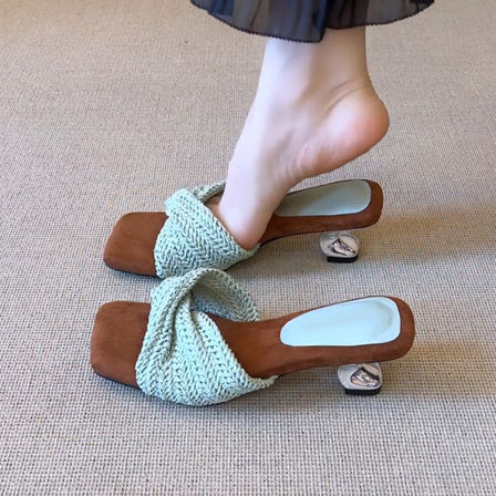 羊皮版~编织一字拖鞋女夏外穿新款方头增高不累脚软底度假凉拖鞋