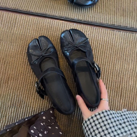 羊皮版~复古风蝴蝶结分趾玛丽珍鞋女一字带粗跟浅口优雅高级单鞋