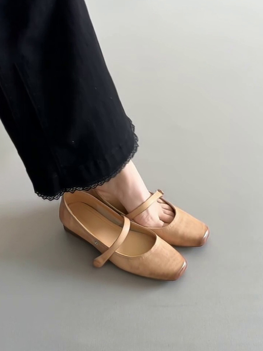 羊皮版~方头法式简约低跟单鞋女一字带百搭通勤浅口气质玛丽珍鞋主图