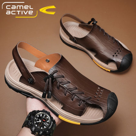 德国骆驼动感凉鞋男夏季真皮透气凉拖鞋男防滑耐磨包头休闲沙滩鞋