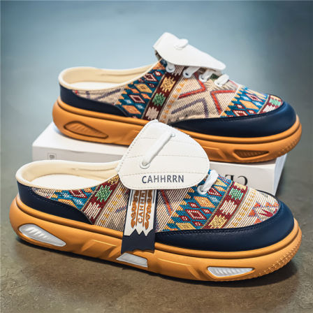 帆布男鞋夏季透气办公室工作包头半拖鞋男士休闲一脚蹬老北京布鞋