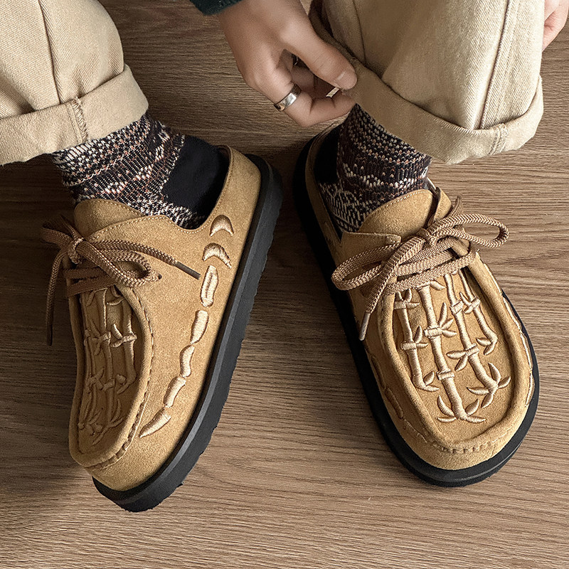 国潮小众竹节刺绣翻毛反绒高级感勃肯鞋男女休闲穆勒半拖一脚蹬鞋主图