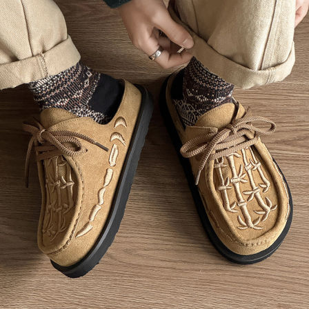 国潮小众竹节刺绣翻毛反绒高级感勃肯鞋男女休闲穆勒半拖一脚蹬鞋