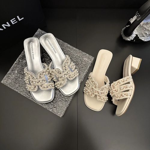 法式中跟粗跟凉鞋小香风珍珠女鞋外穿2026新款仙女风气质百搭拖鞋主图