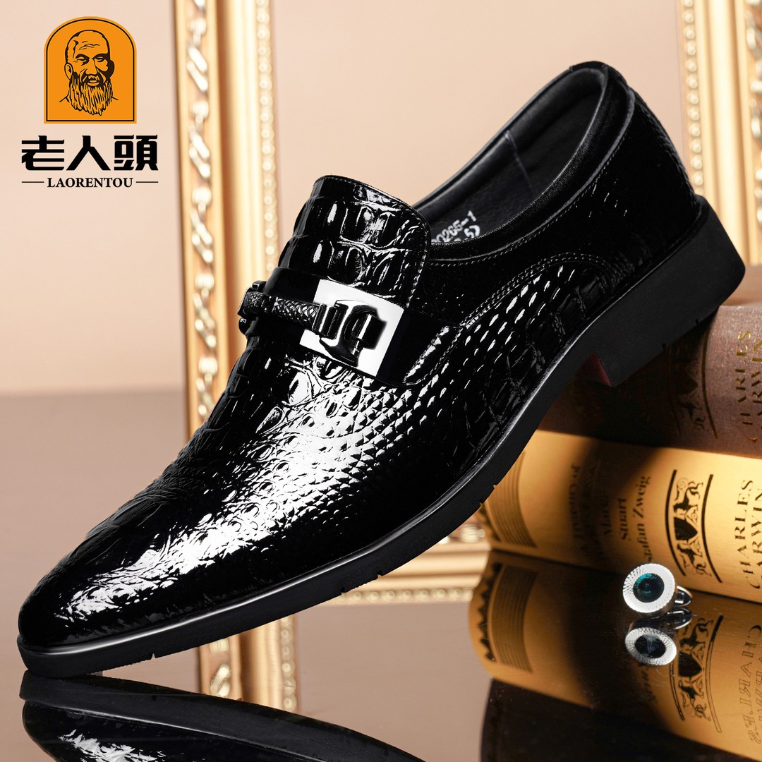 老人头商务正装皮鞋男真皮鳄鱼纹压花通勤德比鞋透气尖头英伦婚鞋主图