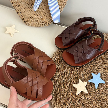 大耳象女童纯色编织凉鞋2026夏季新款宝儿休闲度假风防滑鞋子