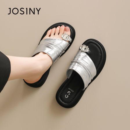 卓诗尼拖鞋女款2026新款夏外穿银色水钻夹趾一字拖厚底楔型凉施鞋