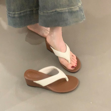 羊皮版~复古时尚休闲气质夹趾凉拖鞋女小众设计舒适坡跟人字拖鞋