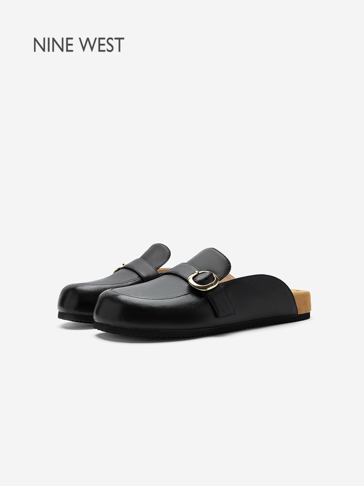 Nine West/玖熙真皮勃肯鞋女黑色包头外穿拖鞋休闲平底穆勒鞋主图
