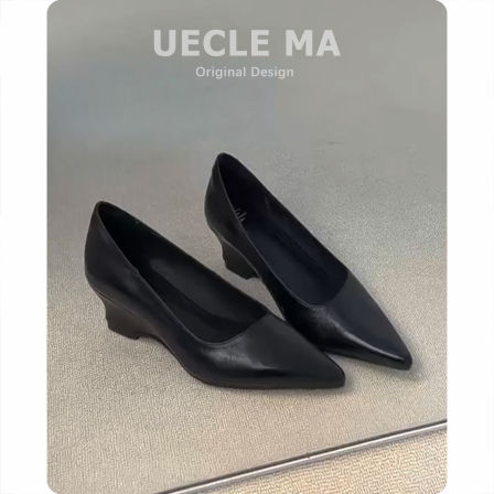 羊皮~尖头包鞋女法式坡跟浅口黑色工作鞋子绝美气质玛丽珍高跟鞋