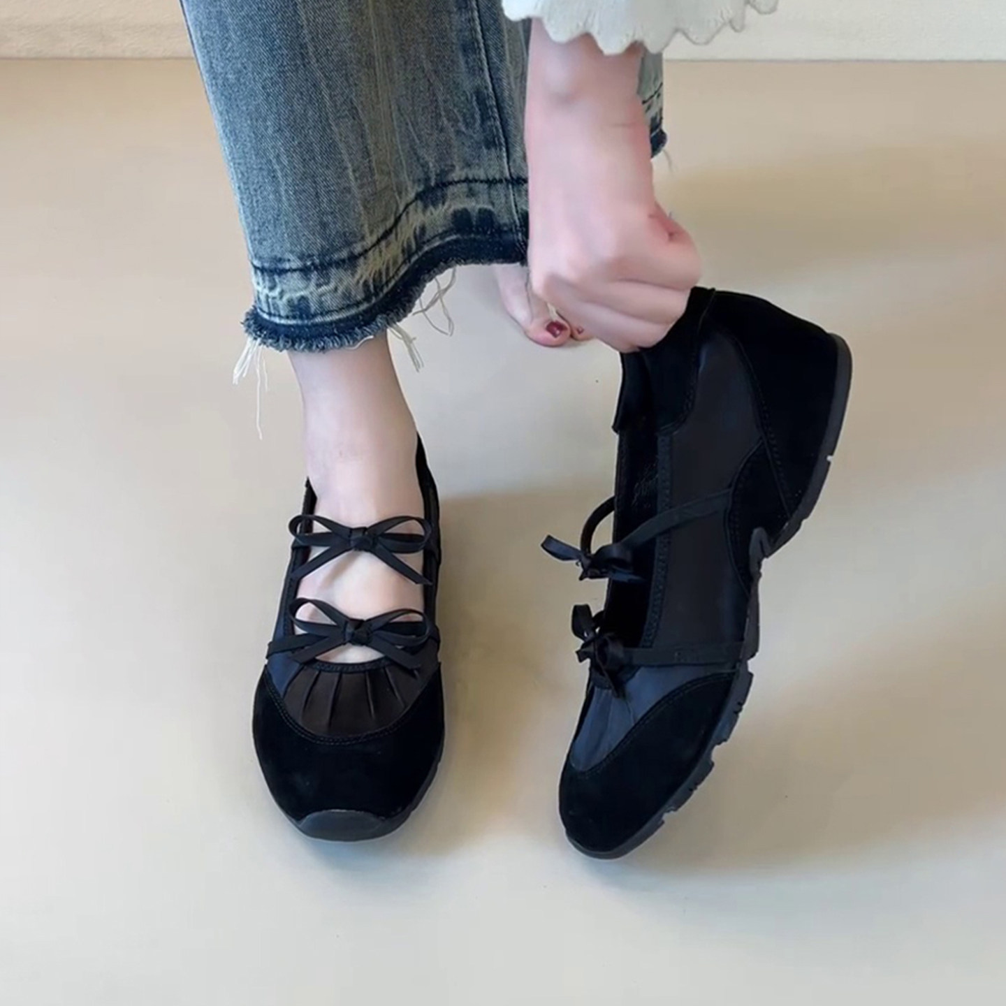 羊皮版~法式蝴蝶结圆头内增高芭蕾舞鞋女百搭浅口休闲玛丽珍单鞋主图