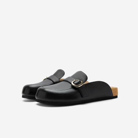 Nine West/玖熙真皮勃肯鞋女黑色包头外穿拖鞋休闲平底穆勒鞋