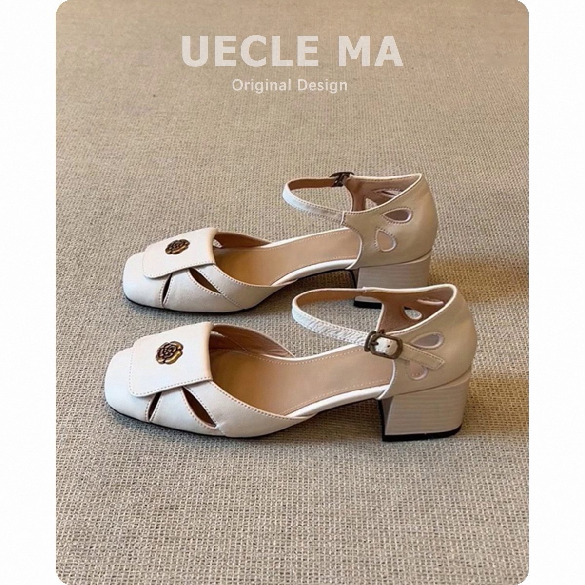 真皮~法式包头凉鞋女夏季外穿粗跟配裙子绝美镂空中空玛丽珍单鞋主图