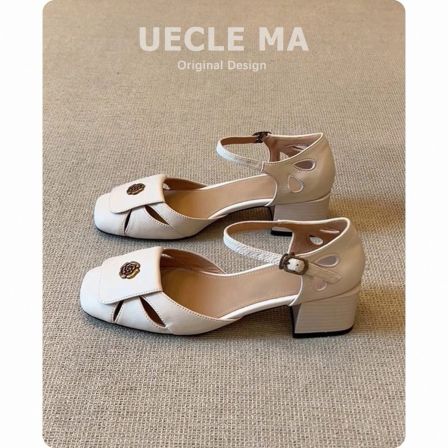 真皮~法式包头凉鞋女夏季外穿粗跟配裙子绝美镂空中空玛丽珍单鞋