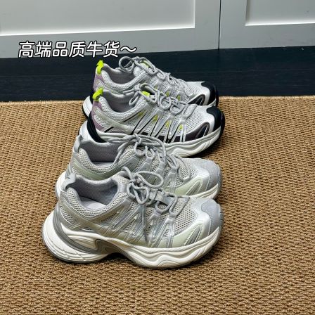 高品质牛皮拼接单网面透气厚底轻便时尚百搭休闲运动鞋跑步鞋女