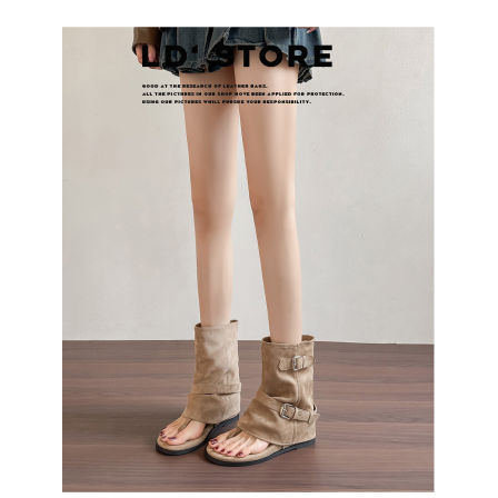 真皮~复古内增高夹趾凉靴女2026新款罗马凉鞋皮带扣裤管堆堆短靴