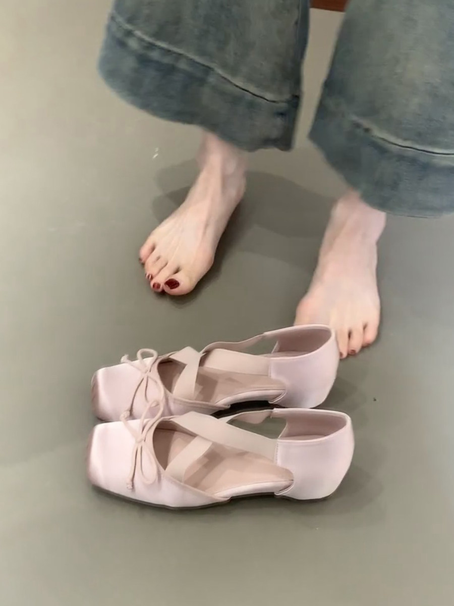 羊皮版~法式蝴蝶结交叉带内增高芭蕾鞋女浅口温柔方头玛丽珍单鞋主图