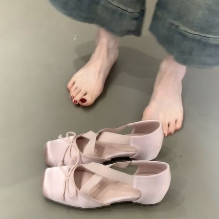 羊皮版~法式蝴蝶结交叉带内增高芭蕾鞋女浅口温柔方头玛丽珍单鞋