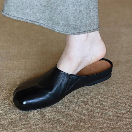 羊皮版~复古真皮包头鞋女一脚蹬平底穆勒鞋女简约百搭懒人半拖鞋