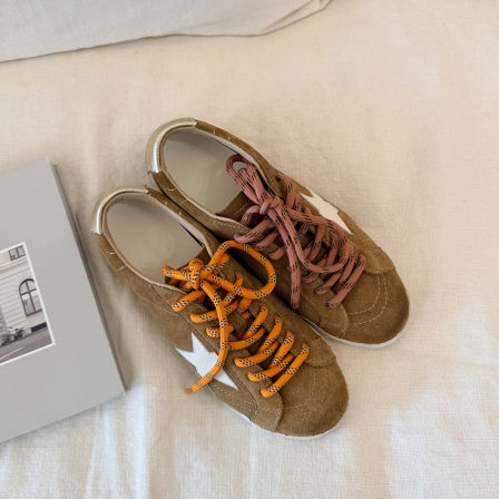 羊皮版~复古做旧星星鞋圆头板鞋女百搭系带德训鞋平底休闲运动鞋