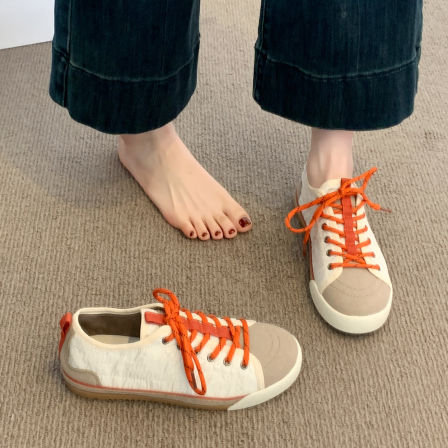 复古拼色系带帆布鞋女2026春夏新款平底鞋子百搭舒适小众德训板鞋