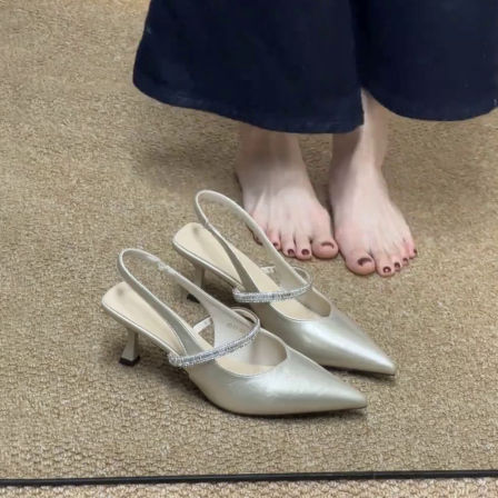 羊皮版~法式气质水钻一字带高跟凉鞋后空细跟浅口单鞋尖头高跟鞋