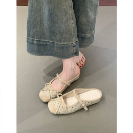 法式小香风波点蝴蝶结包头半拖鞋女春夏季外穿厚底内增高穆勒单鞋