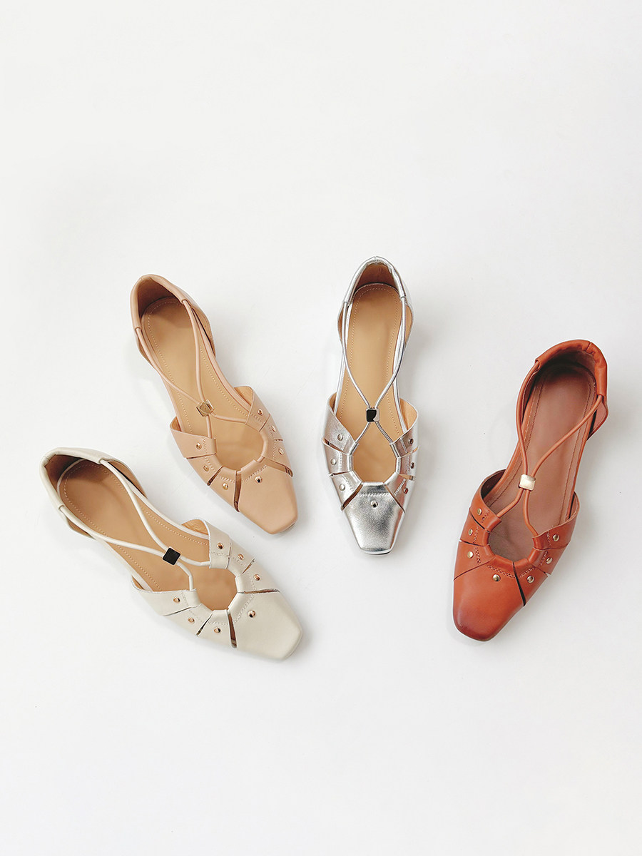 羊皮版~法式复古铆钉镂空一字带包头罗马凉鞋内增高凉拖鞋女外穿主图