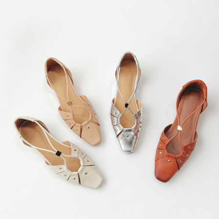 羊皮版~法式复古铆钉镂空一字带包头罗马凉鞋内增高凉拖鞋女外穿