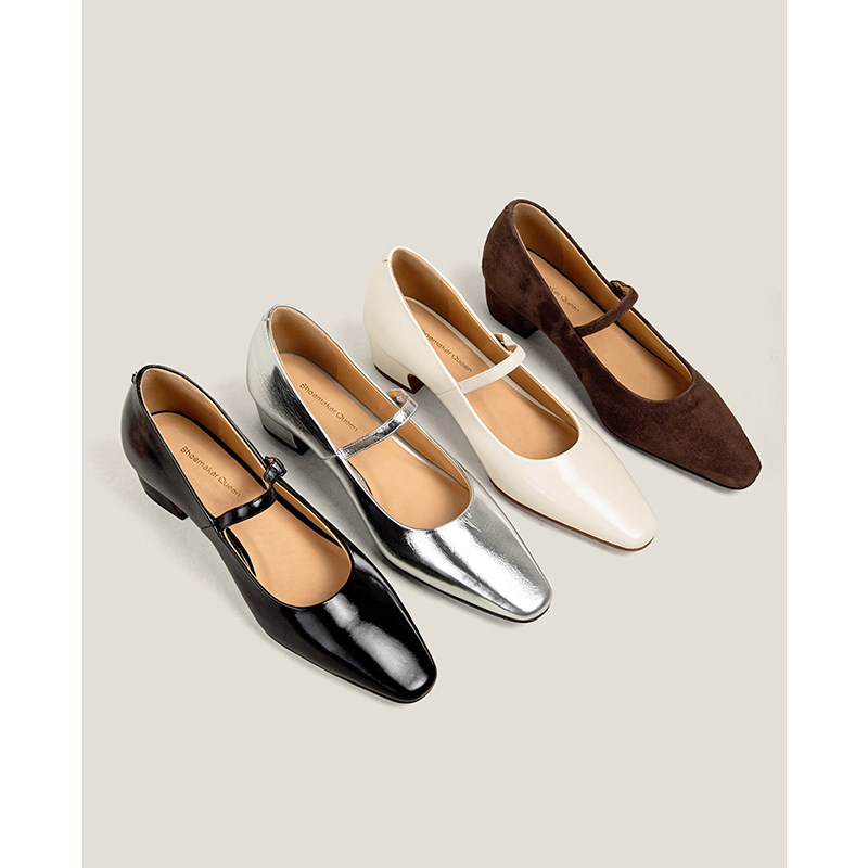 【鞋匠女王×时髦经典】法式银色方头中跟玛丽珍女鞋粗跟浅口单鞋主图