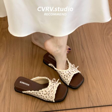 绝美法式蝴蝶结蕾丝凉拖鞋女夏外穿2026新款凉鞋配裙子厚底一字拖