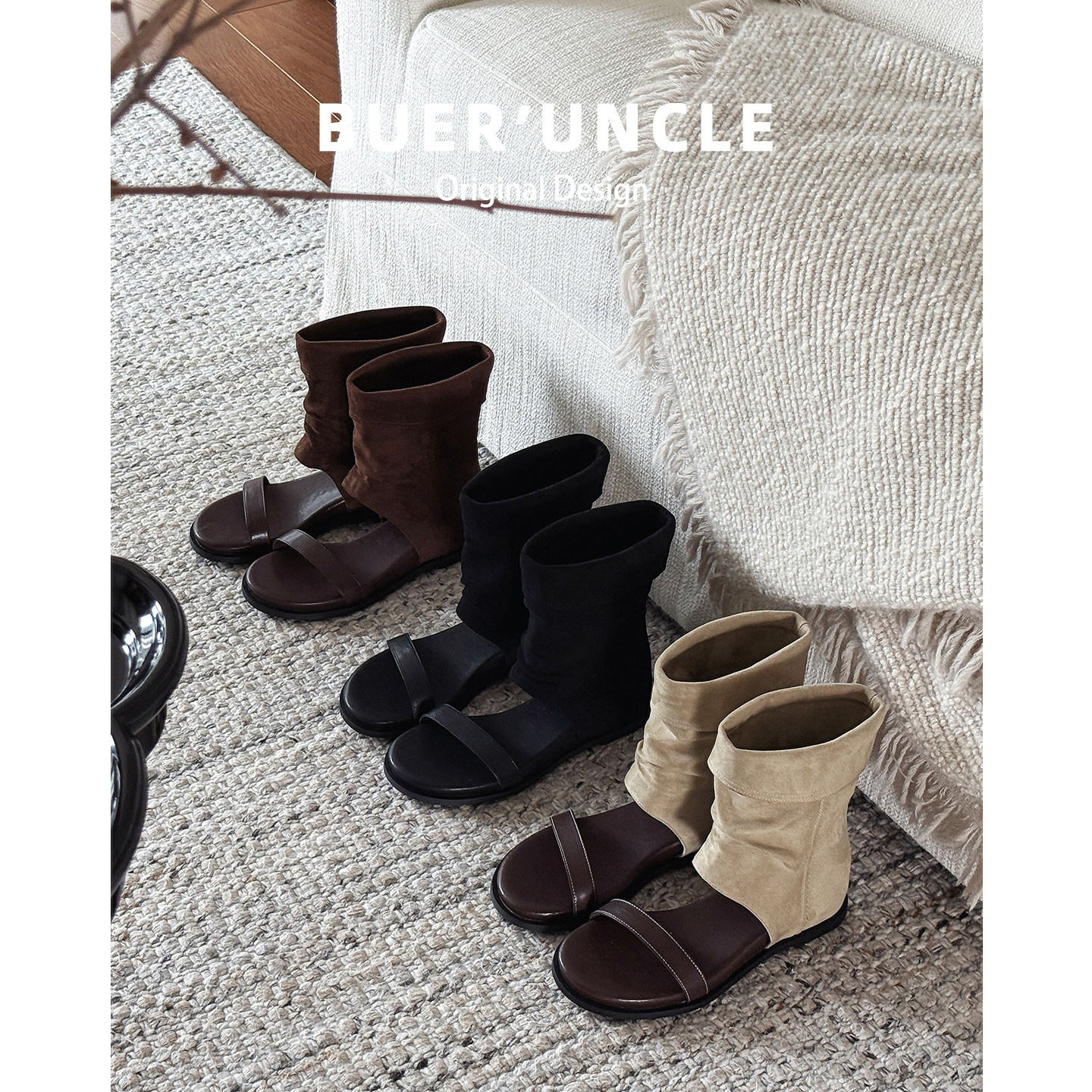 羊皮版~真皮辣妹内增高凉靴女2026新款复古夏季短筒裤管罗马凉鞋主图