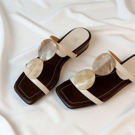 羊皮版~极简风外穿配裙子沙滩凉拖女一字带方头露趾不累脚凉拖鞋