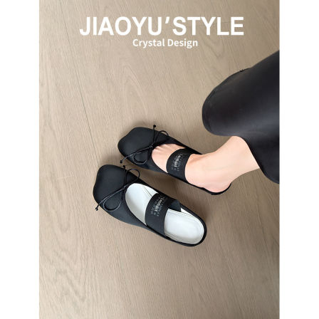 真皮~骄屿苹果头内增高玛丽珍鞋女浅口芭蕾单鞋蝴蝶结包头凉拖鞋