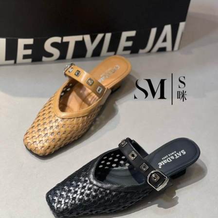 一抹微蓝甄选 2026新款 羊皮镂空编织简约半拖 XWJ27619