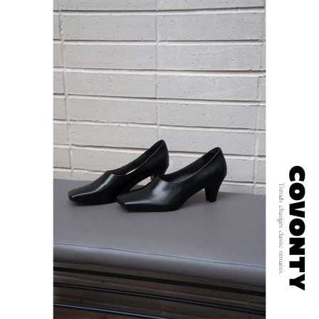 COVONTY【超能小太阳】水洗马皮奶奶鞋女女巫单鞋方头高跟鞋