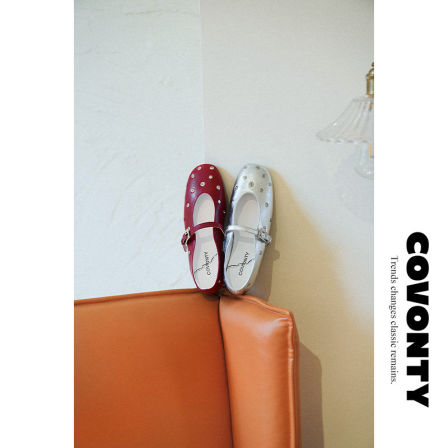 COVONTY【超能小太阳】透气银色玛丽珍鞋铆钉单鞋小皮鞋