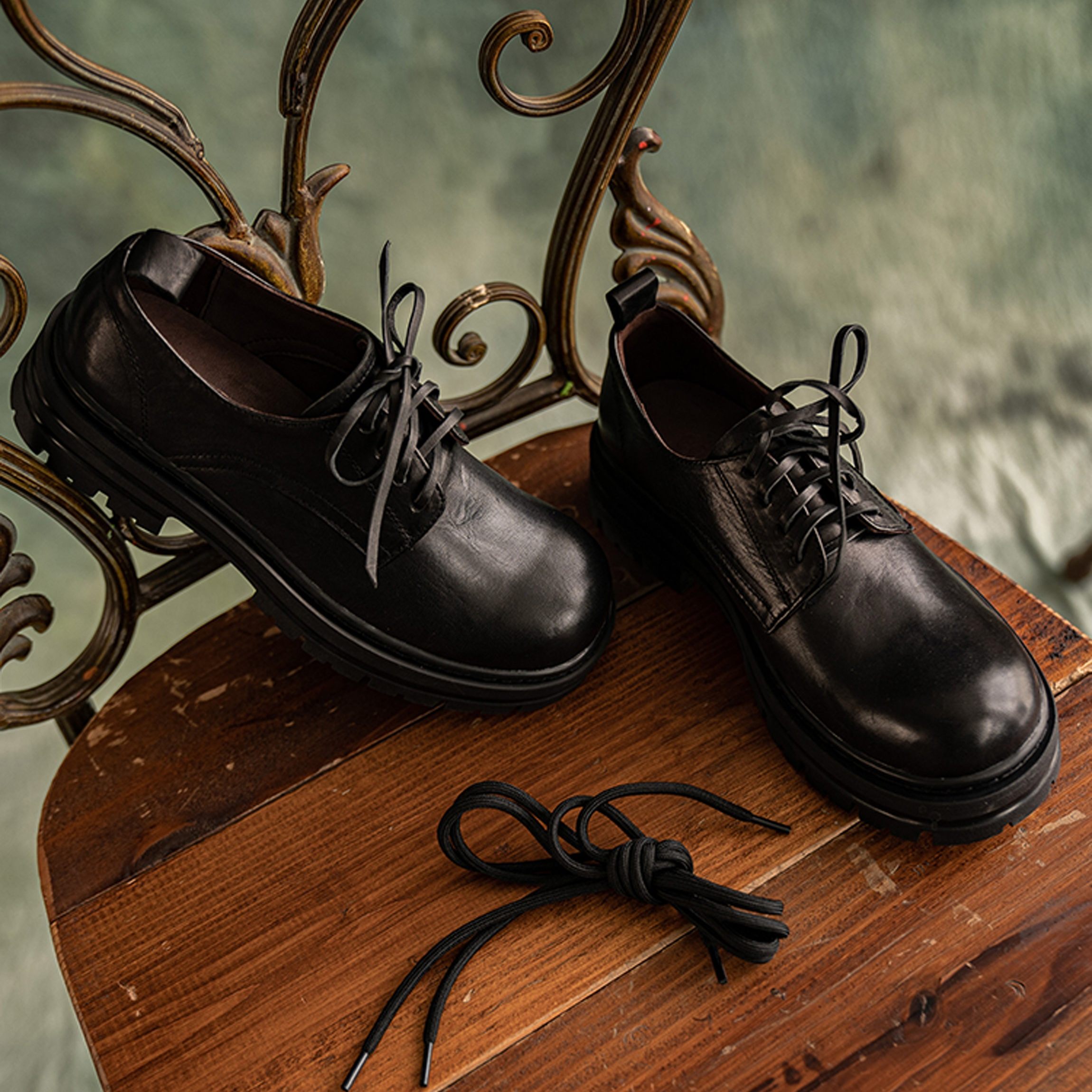 水洗马皮 【超能小太阳】水洗缩纹英伦小皮鞋女厚底德比鞋主图