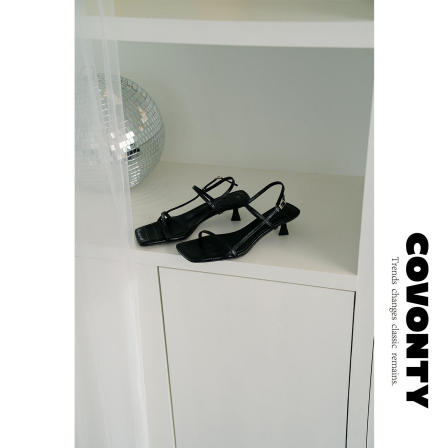 COVONTY【超能小太阳】 一字带凉鞋女中跟露趾方头细高跟鞋