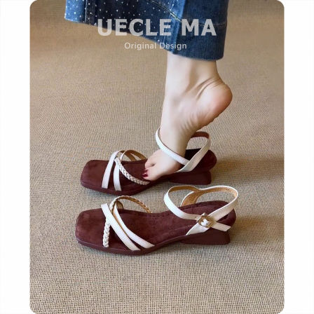 羊皮版~复古休闲坡跟增高凉鞋女夏季外穿配裙子百搭露趾罗马凉鞋