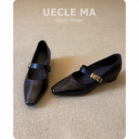 羊皮版~法式气质内增高单鞋女2026夏新款复古黑色小个子玛丽珍鞋